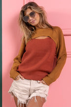 BiBi Womens Sweater Camel Color Block Knit Top With Cut Out Neck 68f7d891a02c4cc9a1b2d928438cedc1-Max-Origin Trendsi