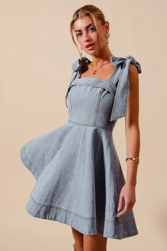 SO ME Denim Dres A Line Fit and Flare Diamond Bow Ribbon Bow Tied Straps 68f9fd1cad7142388595f06857a62ea1-Max-Origin Trendsi