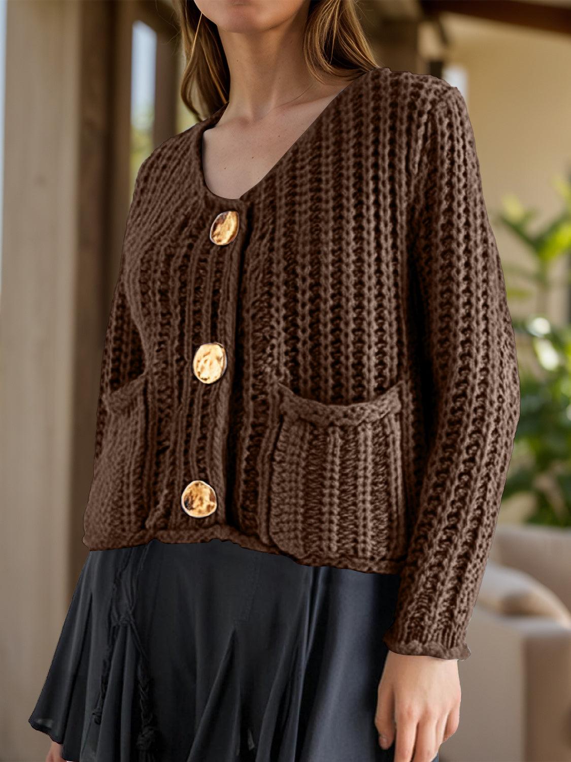 Buttoned Cardigan Women Front Pockets Single Breasted Brown 68fbd53c-6959-4d46-8a08-c0cb27e9e737-Max Trendsi