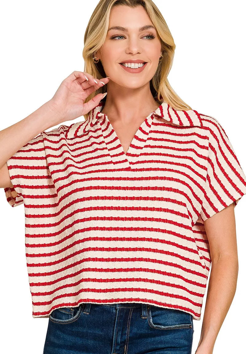 Zenana T-shirt Striped Ruby Red Split Neck Collared Top Short Sleeve RUBY 6903906997b643c08e0860f277501966-Max-Origin Trendsi