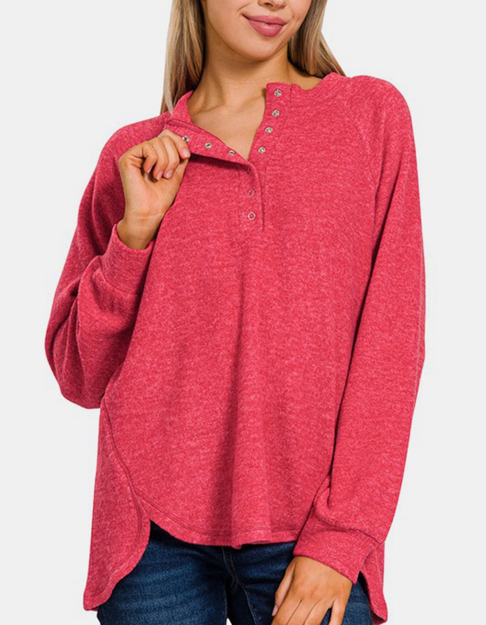 Zenana Women Sweater Strawberry Brushed Melange Hacci Slit Solid Pullover Strawberry 690bd2cb-2a10-44bd-bda7-72c2f84f78d6-Max Trendsi