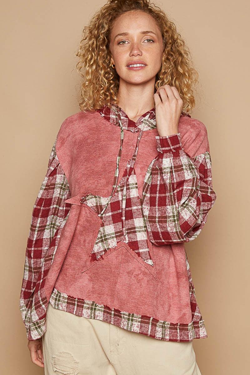 POL Blouse Star Plaid Patch Long Sleeve Hooded Women Top