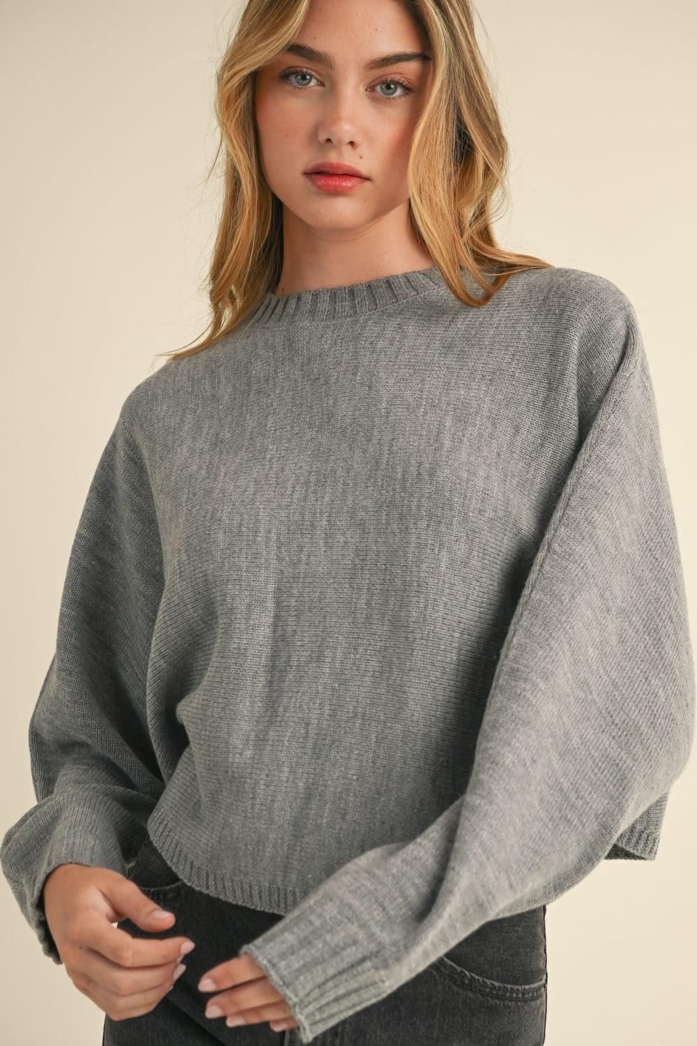 Mable Gray Sweater Round Neck Dolman Sleeve Cropped Basic Style H Grey 691756df-7ff4-43e3-a105-836b63c648a7-Max Trendsi