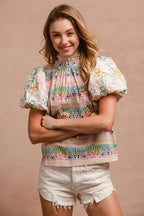 BiBi Blouse Multicolor Ruffle Neckline With Embroidery Bubble Short Sleeve Top 691982bfdce249aca7bcd3ca9d7dbde7-Max-Origin Trendsi