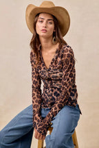 BiBi Women's Shirt Leopard Printed Mesh With Button Up V Neck Long Sleeve 691adf8cabed45859d50ac260c4c7435-Max-Origin Trendsi