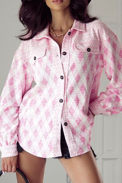 Women's Shacket Pink Geometric Print Textured Flap Pockets Long Sleeve Outwear Pink 691d7dec-1499-4a0a-916f-d7a82839a5d2-Min Trendsi