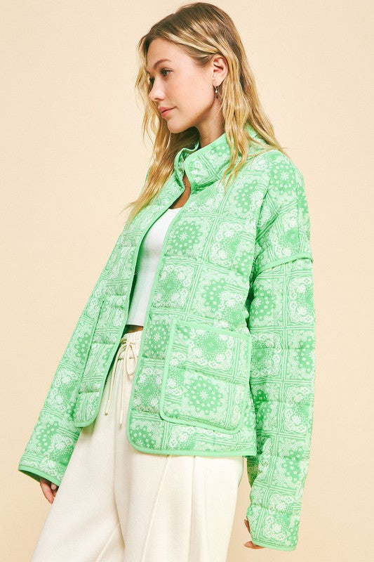 Davi & Dani USA Women Quilted Jacket Floral Neon Green Open Long Sleeve 691f5292-83b8-41b2-9a3f-5f887fe7aea8-Max Trendsi