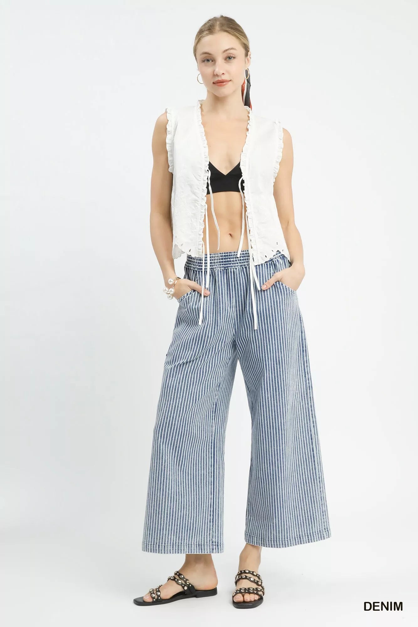 Umgee Wide-Leg Pants Denim Blue Stone Wash Stripe Drawstring Trousers 69265cc6-f78a-42b3-ba93-dd9d7172d0d5-Max-Origin Trendsi