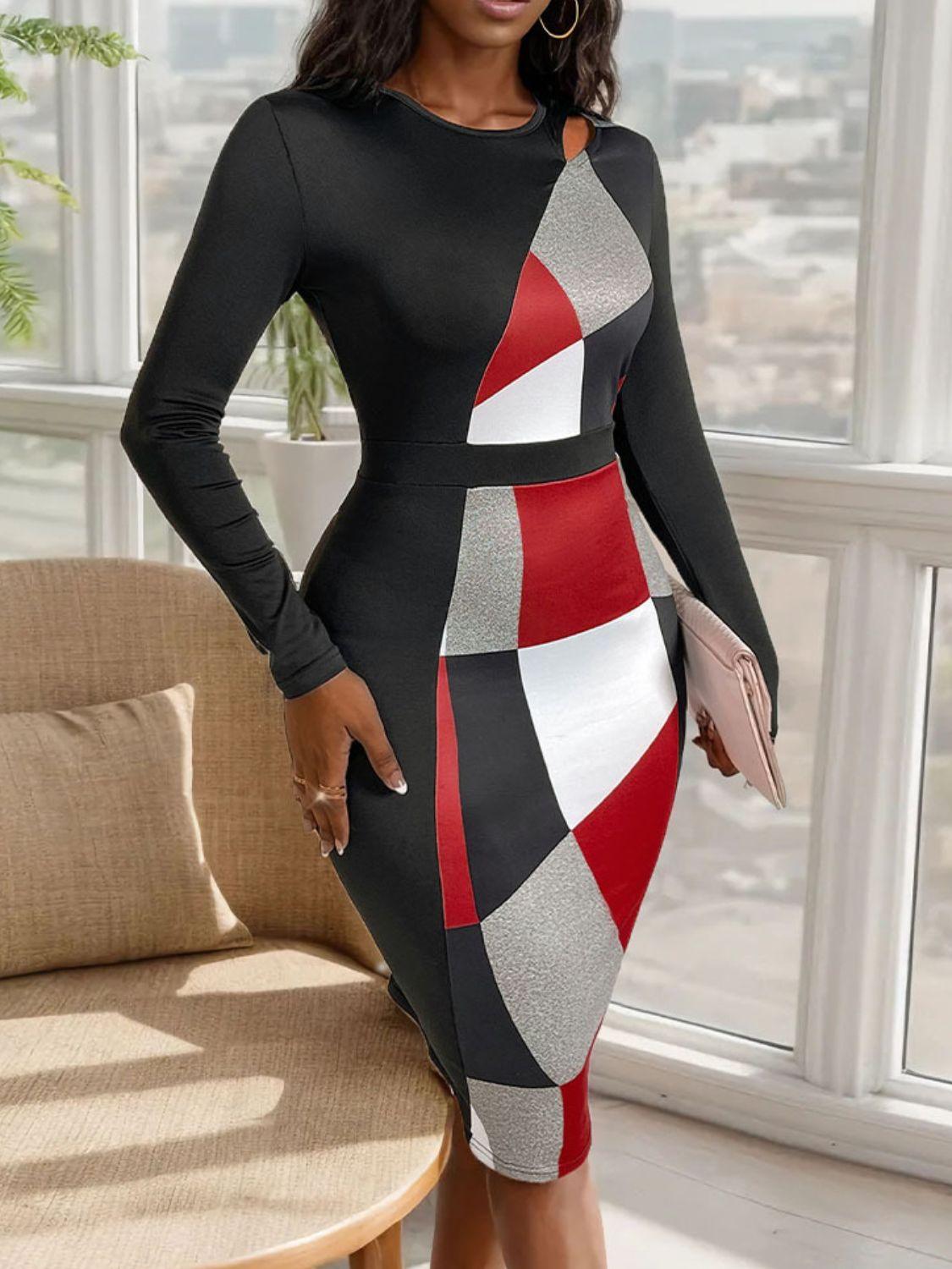 Cutout Dress Color Block Round Neck Long Sleeve Slim Dresses 692999fa-ed91-44a0-bfc9-42e816abd8a0-Max Trendsi