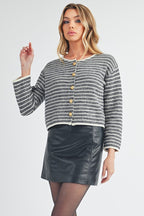 Aemi + Co Cardigan Black Striped Cotton Knit Classic Long Sleeve Buttoned 69299b11-2d08-4492-bdbc-d4421af24e63-Max Trendsi