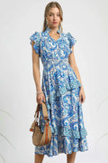 Umgee Midi Dress Royal Blue Paisley Print Ruffle Sleeve Smocked Royal Blue 692a17f5-c562-4293-83e7-7a50cf2d7caf-Max-Origin Trendsi