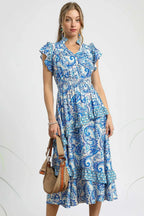 Umgee Midi Dress Royal Blue Paisley Print Ruffle Sleeve Smocked Royal Blue 692a17f5-c562-4293-83e7-7a50cf2d7caf-Max-Origin Trendsi