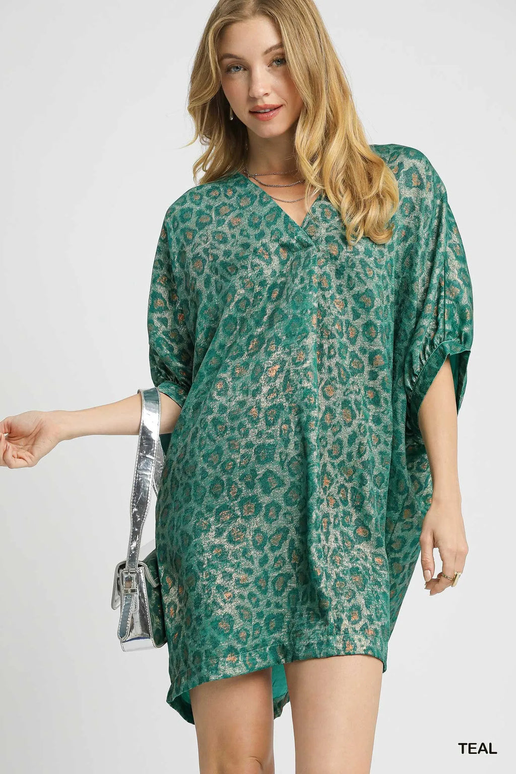 Umgee Kimono Dress Metallic Teal Leopard Print Brown V-Neck Oversized TEAL 693c0335-51aa-4529-902f-c9eb9aee053b-Max-Origin Trendsi