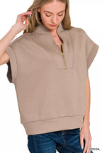 Zenana Womens Blouse Cocoa Scuba High Neck Half Zip Top Short Sleeve 6944c3831e234755a5b834593da4455c-Max-Origin Trendsi