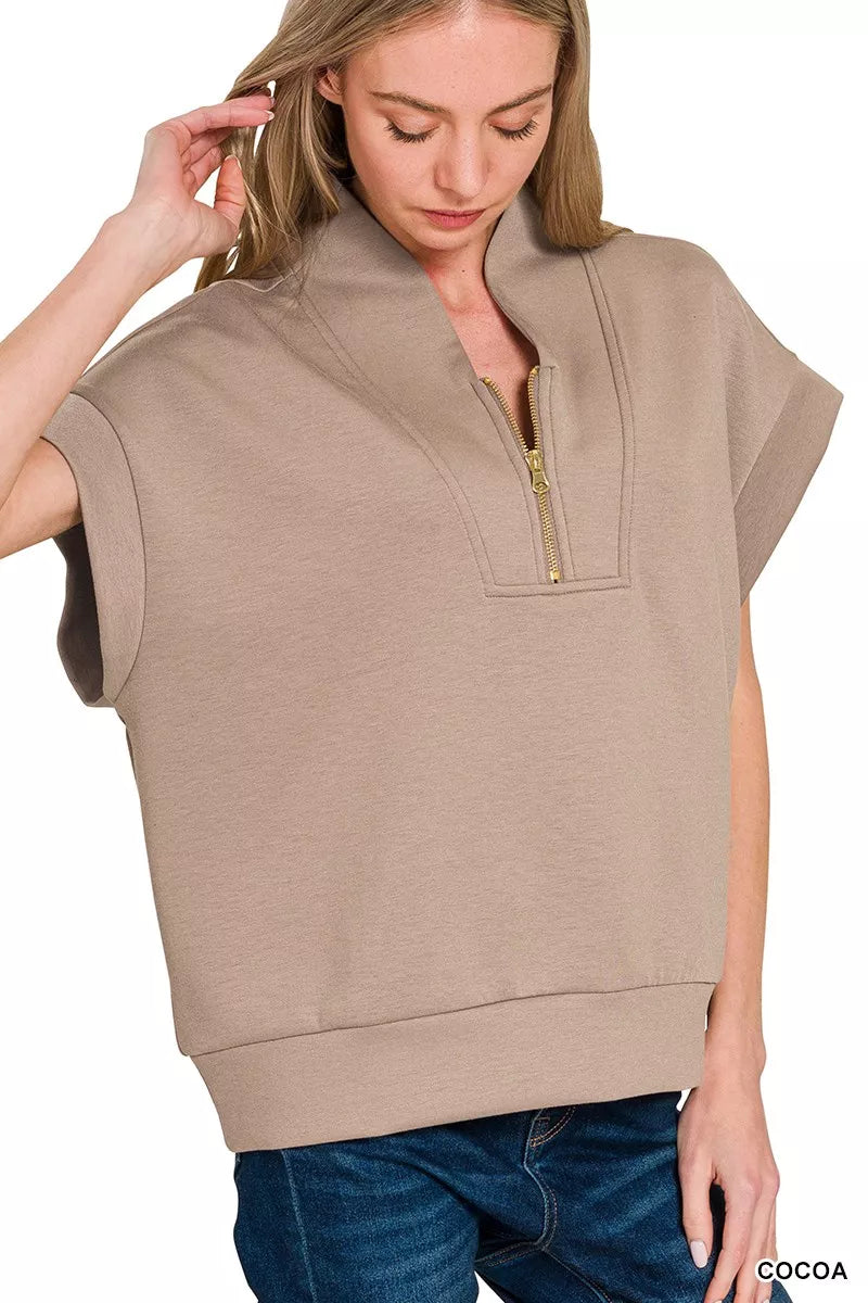 Zenana Womens Blouse Cocoa Scuba High Neck Half Zip Top Short Sleeve 6944c3831e234755a5b834593da4455c-Max-Origin Trendsi