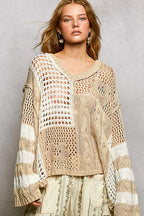 POL Knit Top Beige Color-Blocked Stripe Pattern with Twisted Weave Sweater BEIGE 694602ec-4301-4d92-898c-2316399bdd17-Max-Origin Trendsi