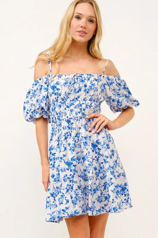 And The Why Off Shoulder Dress Floral Blue Bubble Sleeve Ruffled 694ab5201a7c4236bef68b72ccad59b4-Max-Origin Trendsi