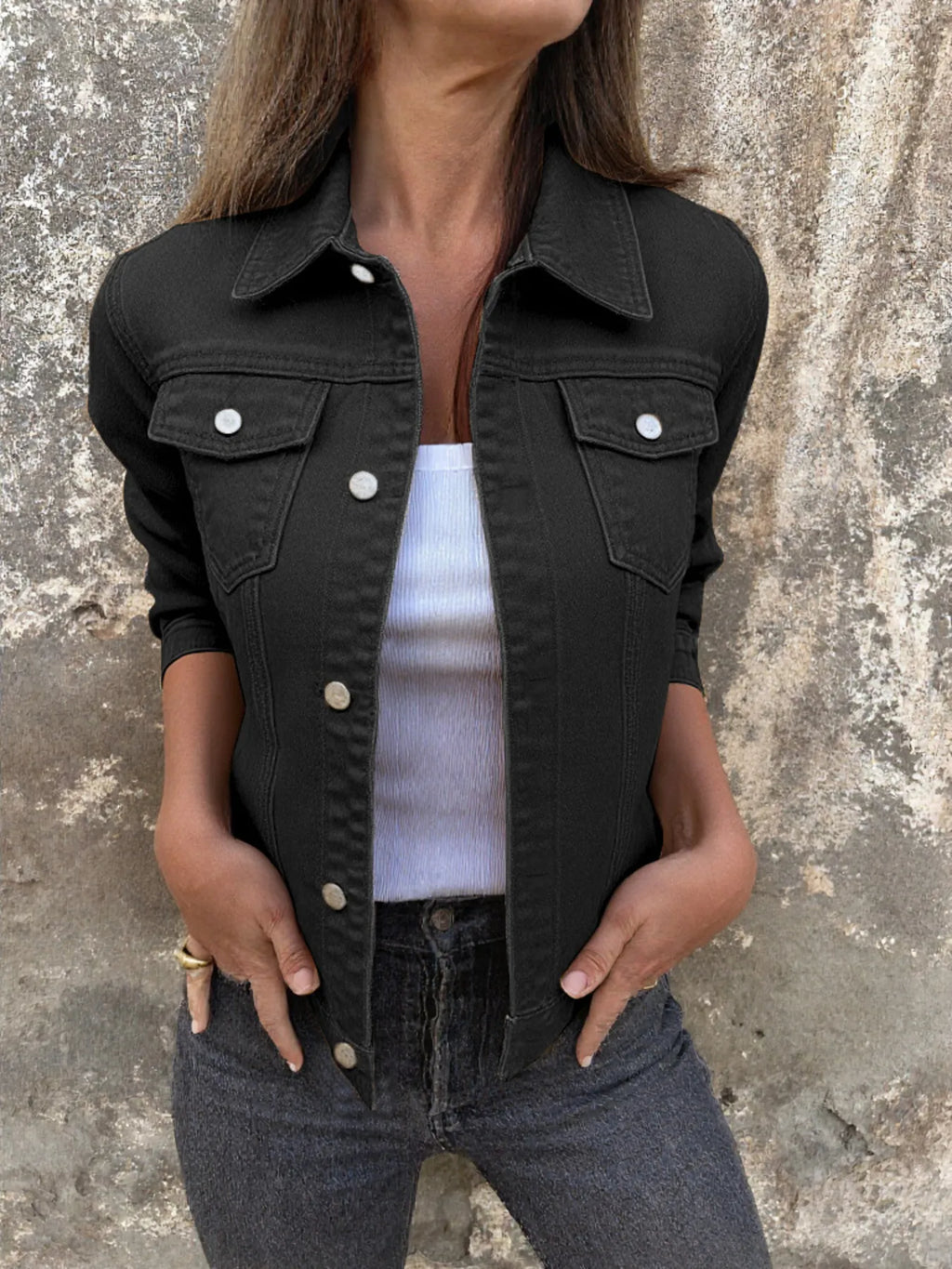 Women's Denim Jacket Short Button Front Long Sleeve with Pockets Black 694bf6ce1ca44c6f84664959dae7cbd7-Max-Origin Trendsi