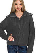 Zenana Womens Sweater Cardigan Black High Neck Full Zip Top BLACK 694d430852d64f2cb73f1667616867da-Max-Origin Trendsi