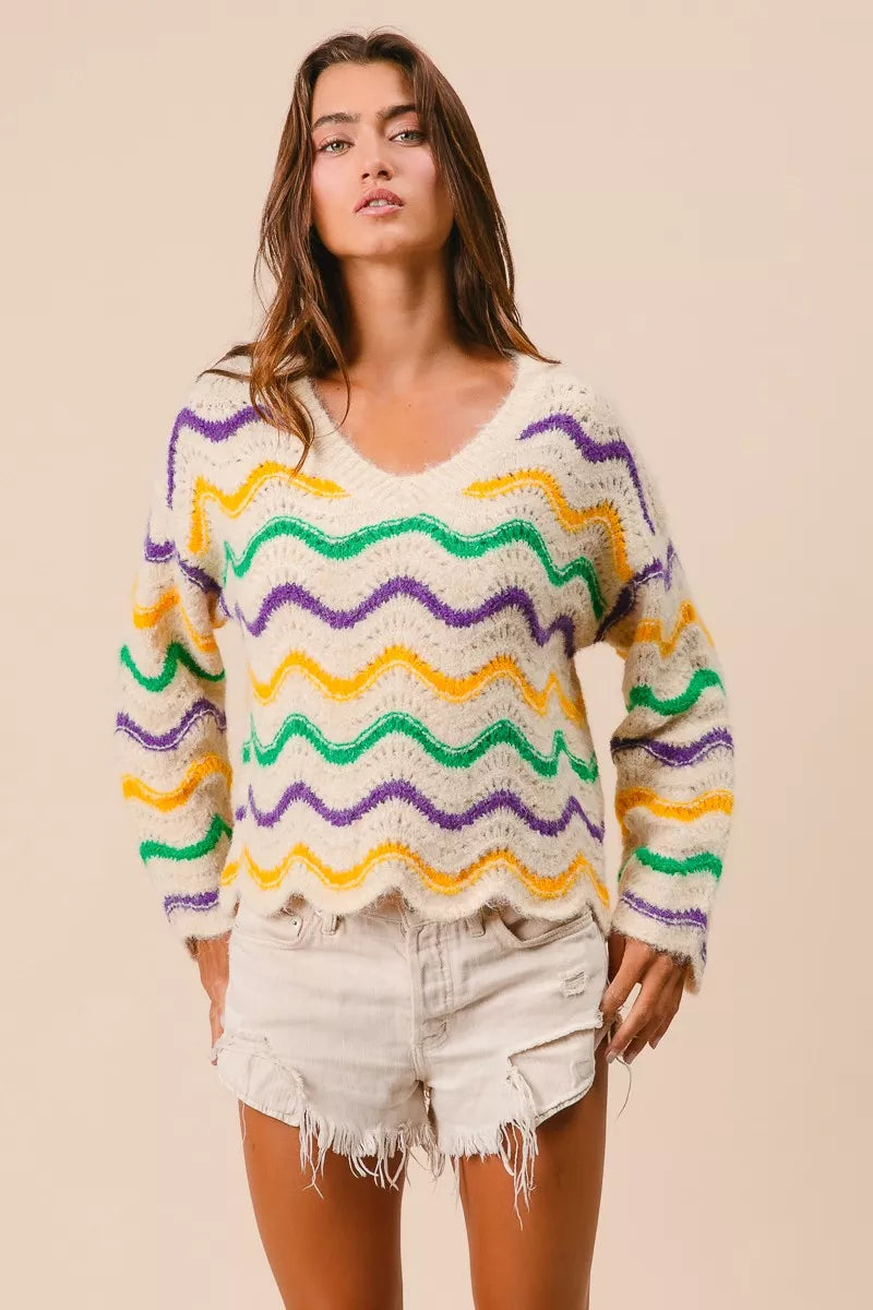 BiBi Womens Sweater Mardi Gras Wavy Stripes V-Neck Open Knit Pullover 694f1faced2c440ea444e88b07fb122d-Max-Origin Trendsi