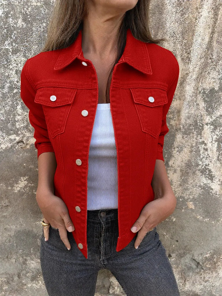 Women's Denim Jacket Short Button Front Long Sleeve with Pockets 69502d14-e88a-4fc0-a4cf-0136d96695aa-Max-Origin Trendsi