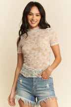 Davi & Dani Women's Top Floral Mesh Mock Neck Short Sleeve Blouse Olive Sage OLIVE SAGE 6969e9ca7e844ff295fefcf28dc53907-Max-Origin Trendsi