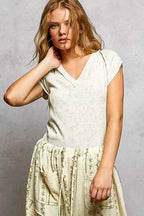 POL V-Neck T-Shirt Ivory Floral Cotton Short Sleeve Washed with Outseam Top 696b06cc-b640-49eb-bfa2-c552719d86fa-Max-Origin Trendsi