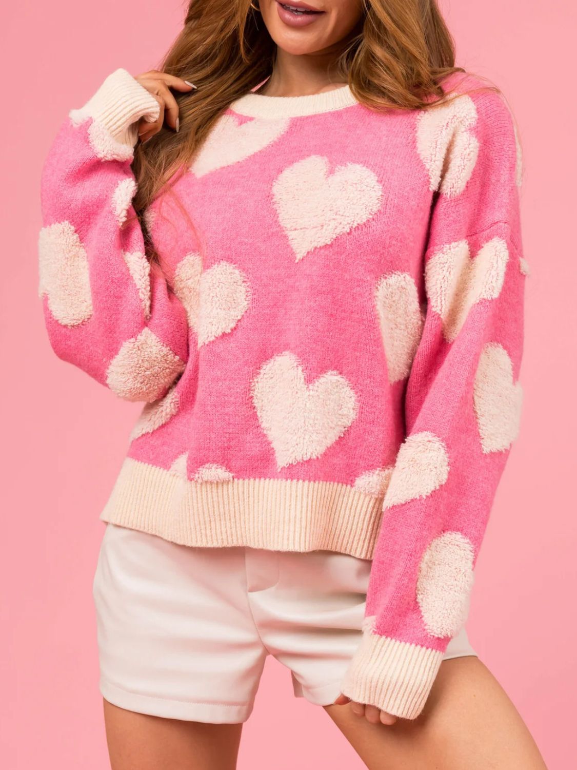 Valentine’s Day Women Sweater Fuzzy Red Heart Round Neck Long Sleeve