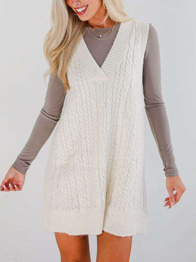 Lovelet Sweater Dress Mini V Neck Sleevless Cable Knit Overall White 696ce356-8824-47cd-b6c3-0ec5a85b86ff-Min Trendsi