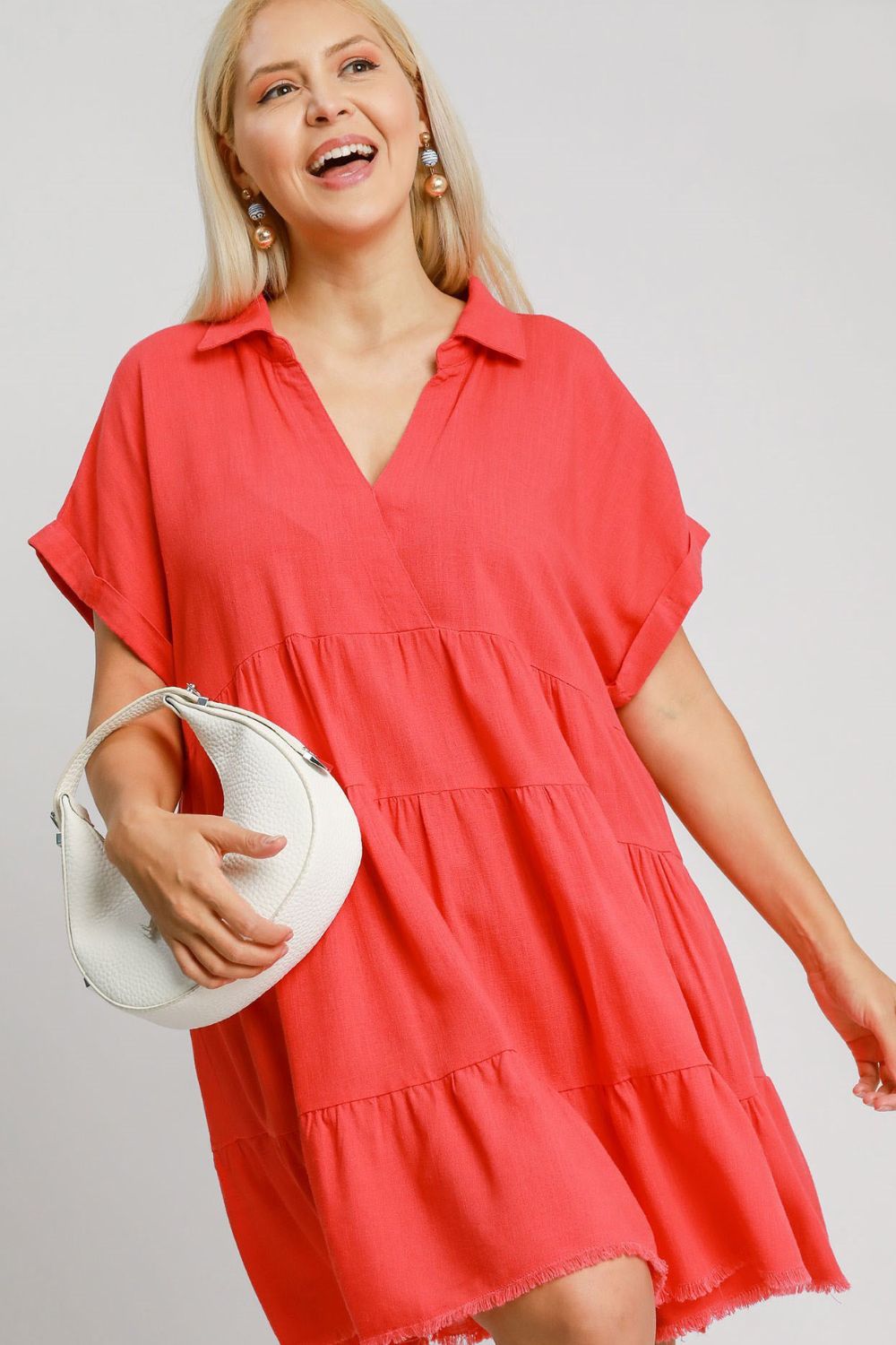 Umgee Mini Dress Ruffle Raw Hem Folded Sleeve Tiered Strawberry 697bc8a3-6bc9-4b6f-bd13-ab78c9128f55-Max Trendsi