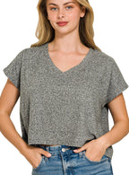 Zenana Soft Melange V-neck Drop Shoulder Cropped Top