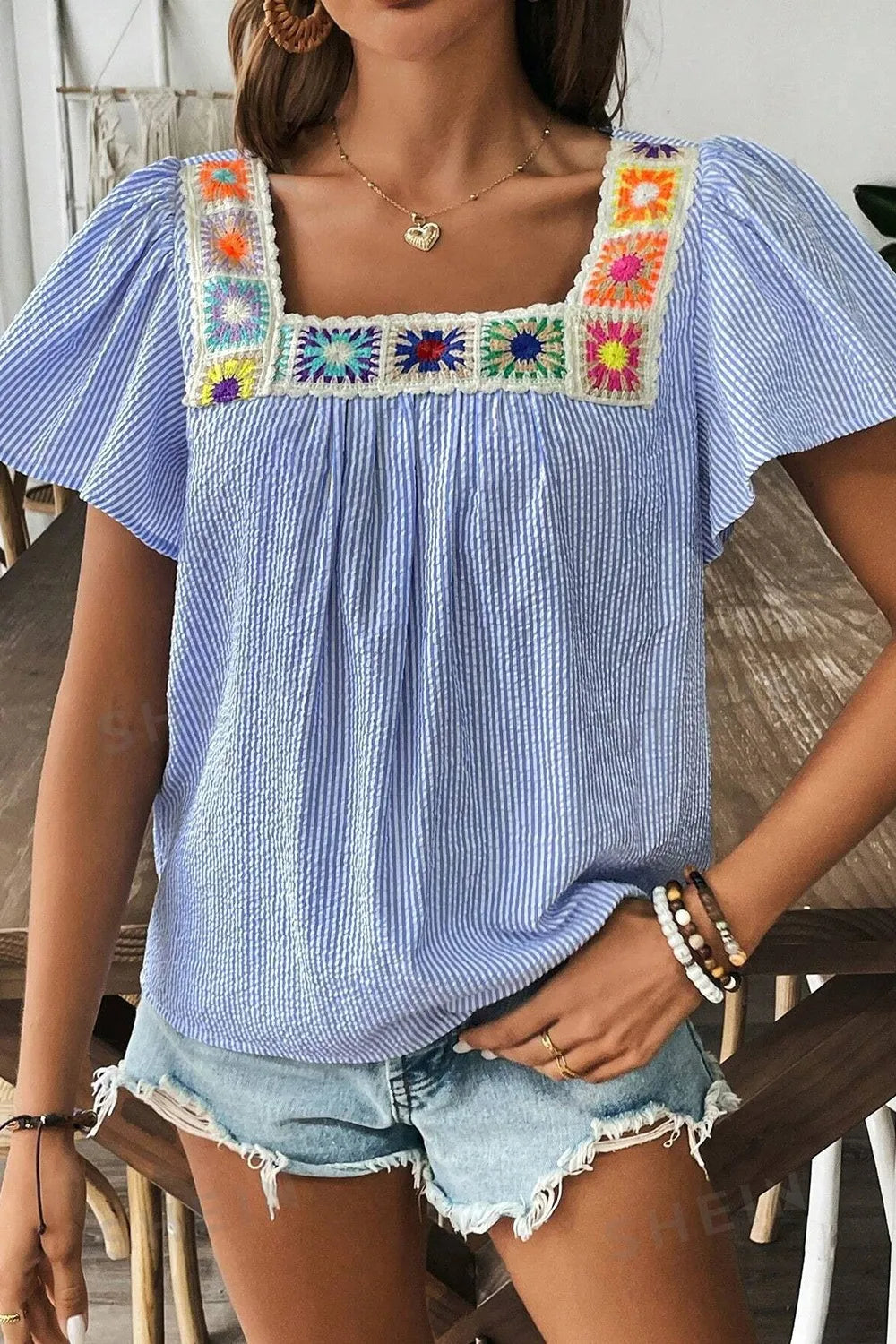 Women's Blouse Blue Stripe Floral Embroidered Square Neck Ruffle Short Sleeve Sky Blue Stripe 69920eac-d39f-4393-82da-552927161fdd-Max-Origin Trendsi