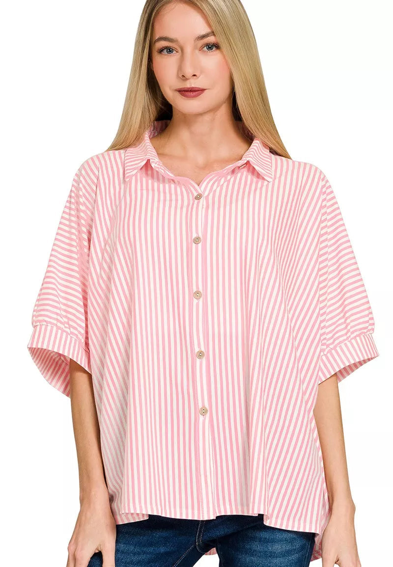 Zenana Oversized Women Shirt Dark Pink Stripe Short Sleeve Top DK PINK 6995a87dd0ee4787871e3197b3340399-Max-Origin Trendsi