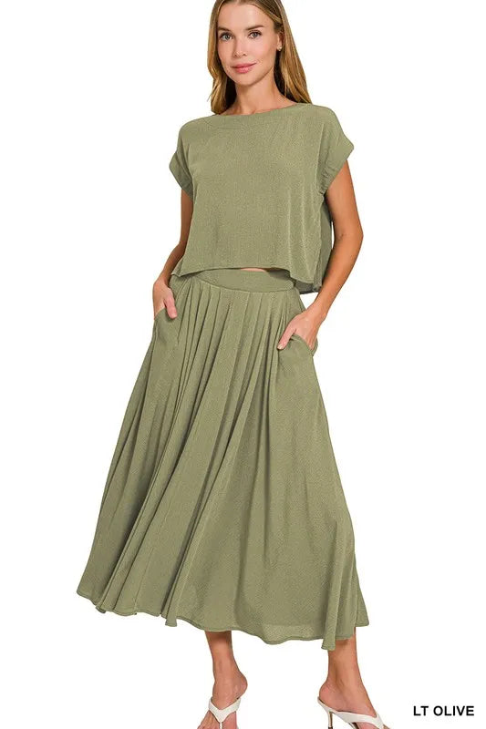 Zenana Crop Tee and Skirt Set Woven Crinkle Gauze Light Olive Two-piece LT OLIVE 6995b863f5a6414397a94b67588fb8b8-Max-Origin Trendsi