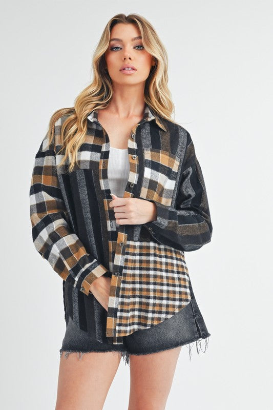 Aem+Co Women Cotton Shirt US Stock Plaid Black Curved Hem Button Up