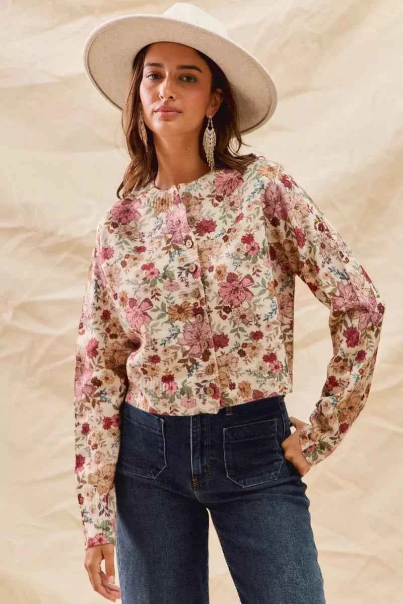 SO ME Floral Print Button Front Sweater Cardigan