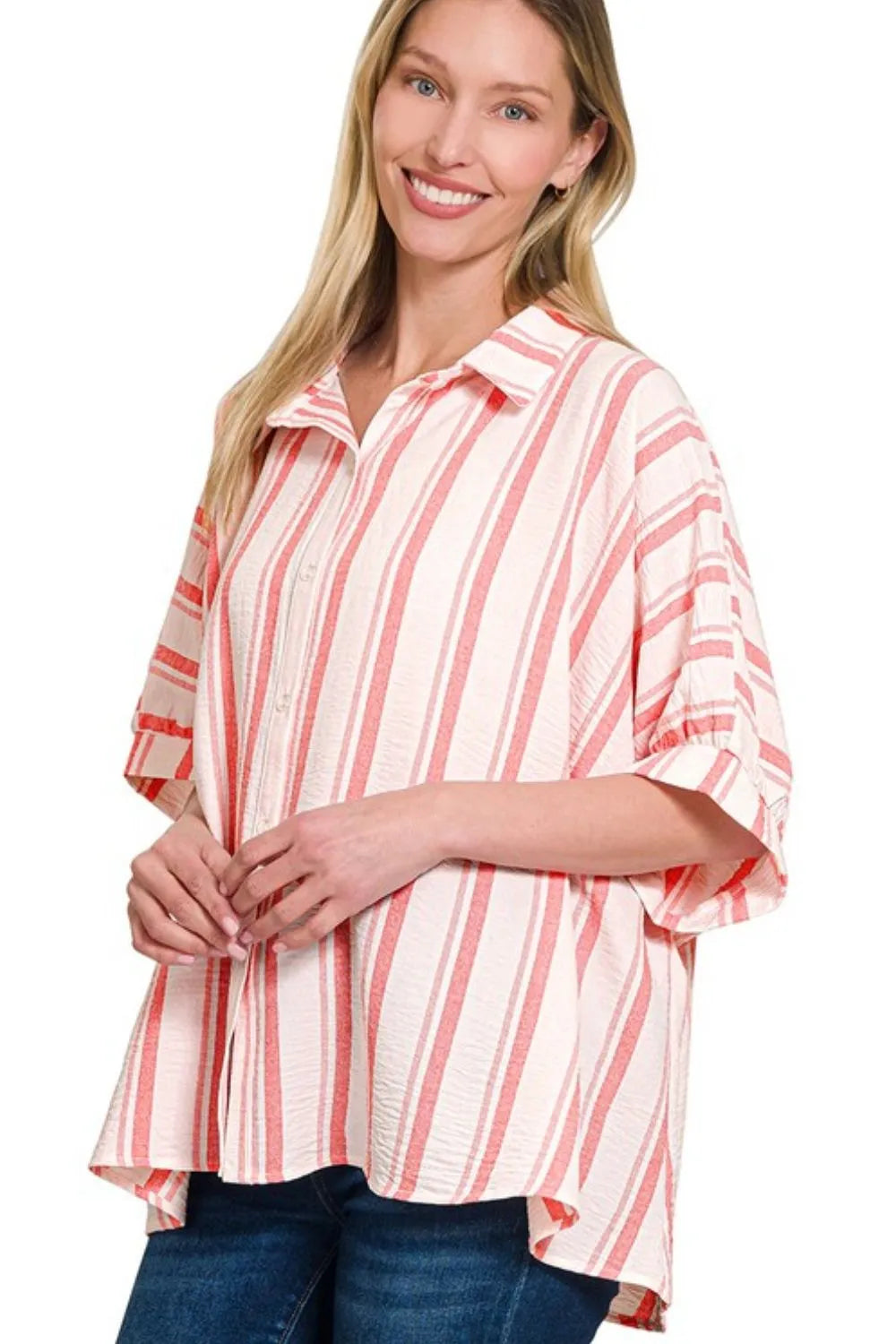 Zenana Shirt Woven Yarn-Dye Coral Stripe Oversized Short Sleeve Top 69a12887-3787-4e0e-856a-f831f850e1f3-Max-Origin Trendsi