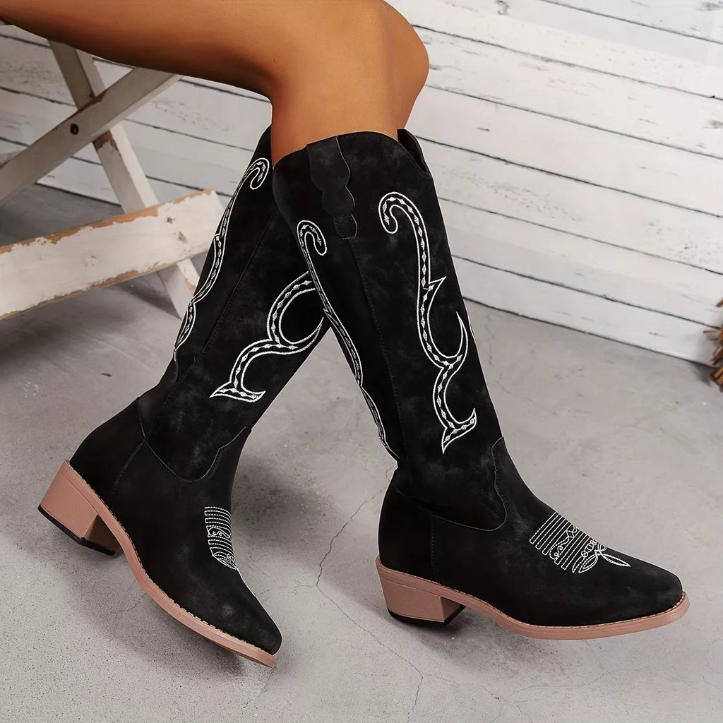 Women's Boots Matte Pu Leather Western Embroidered Round Toe Block Mid Heels 69a3a39d6a1044bba060af52ebe39aa8-Max-Origin Trendsi