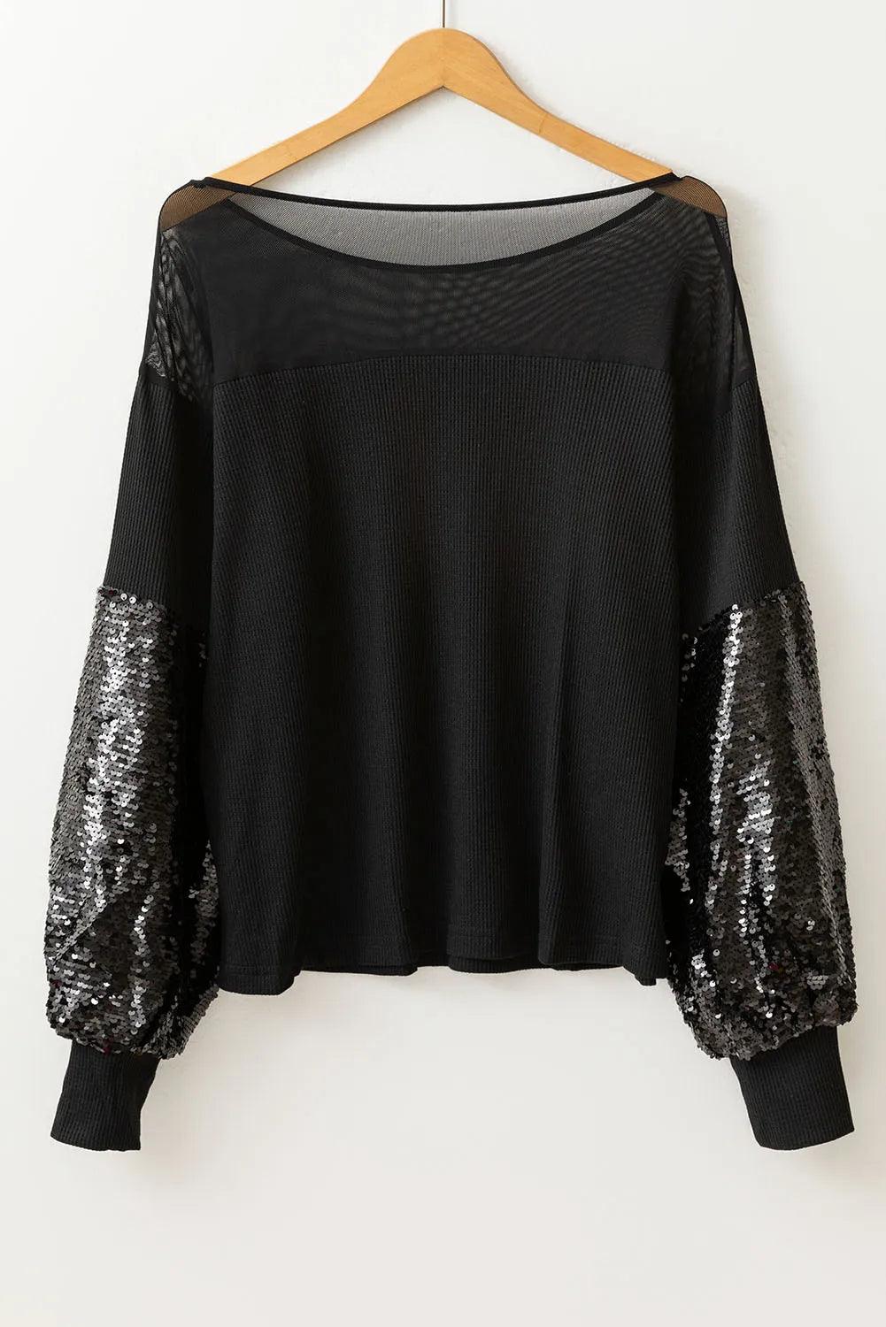 Sequin Blouse Black Boat Neck Long Sleeve Semi-sheer Top 69aceaea-a8c3-4191-a116-7ec854643d27-Max Trendsi