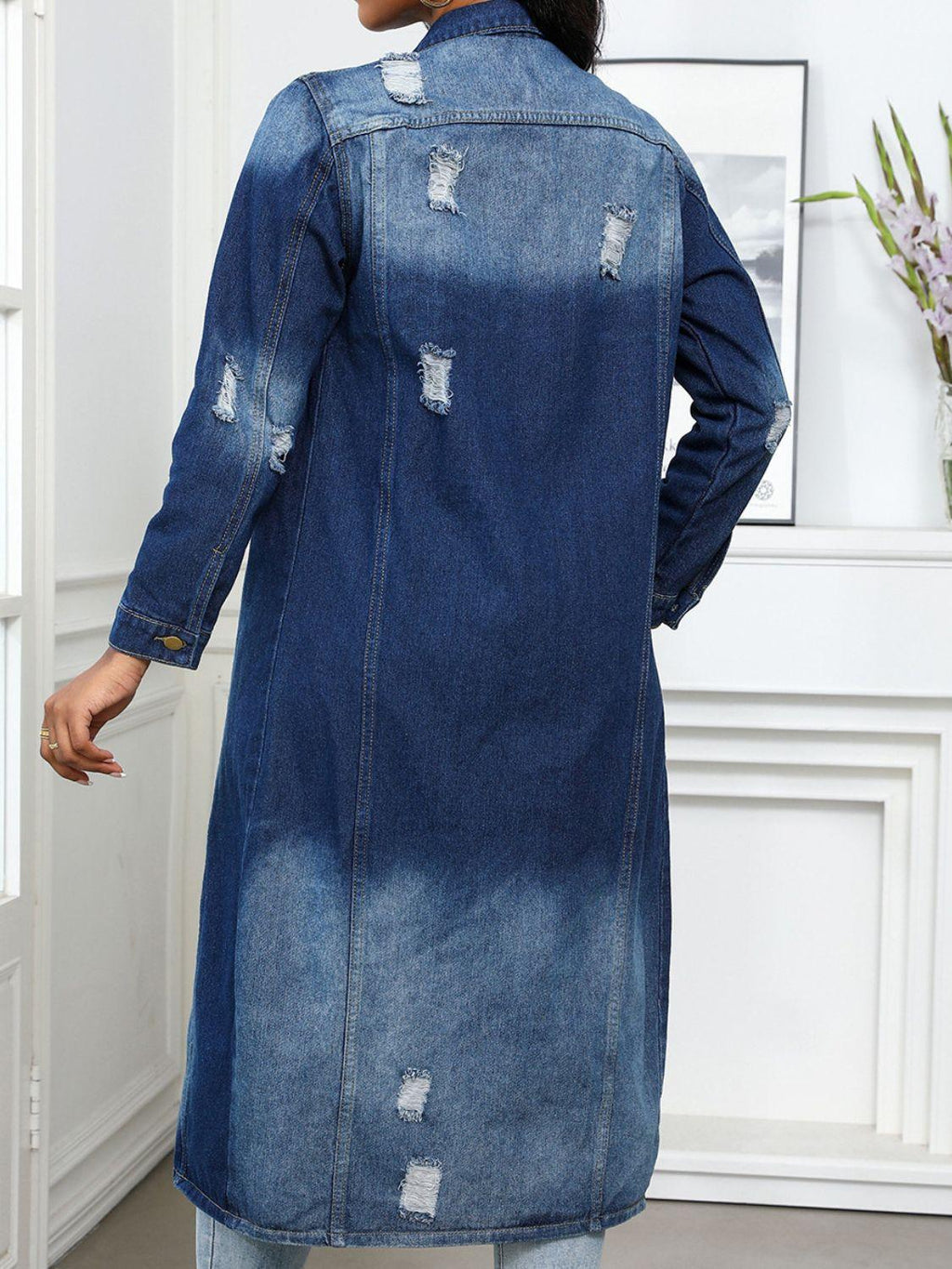 Denim Jacket Long Distressed Button Up Collared Neck 69af2c6e-3ff3-4347-8b57-82cc50658cc7-Max Trendsi