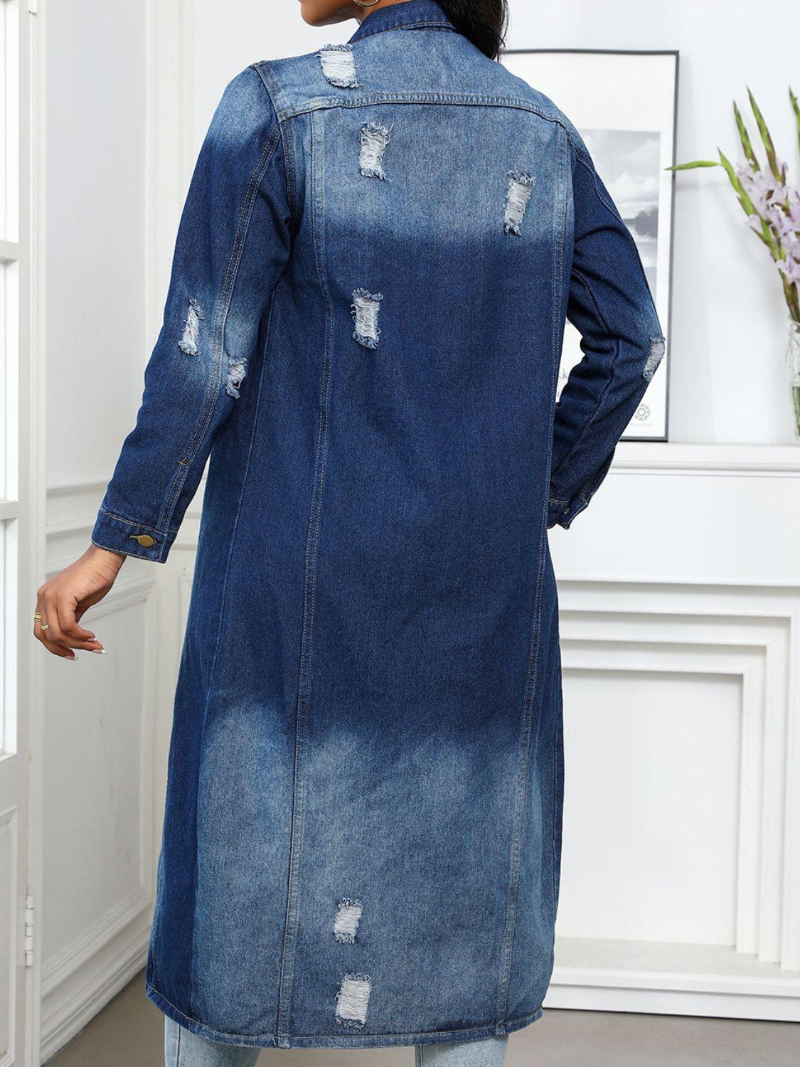 Denim Jacket Long Distressed Button Up Collared Neck 69af2c6e-3ff3-4347-8b57-82cc50658cc7-Max Trendsi