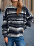Gradient Striped Sweater Round Neck Dropped Shoulder Pullover Dark Blue One Size 69af5ff3-0966-4912-9dcb-13f0bf0a108a-Max Trendsi