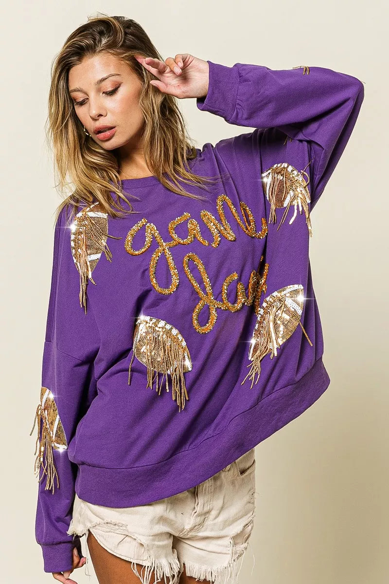 BiBi Womens Sweatshirt Sequin Football Patches Game Day Purple Top 69bf5a28-151e-4dda-9501-31ed90ed7363-Max-Origin Trendsi