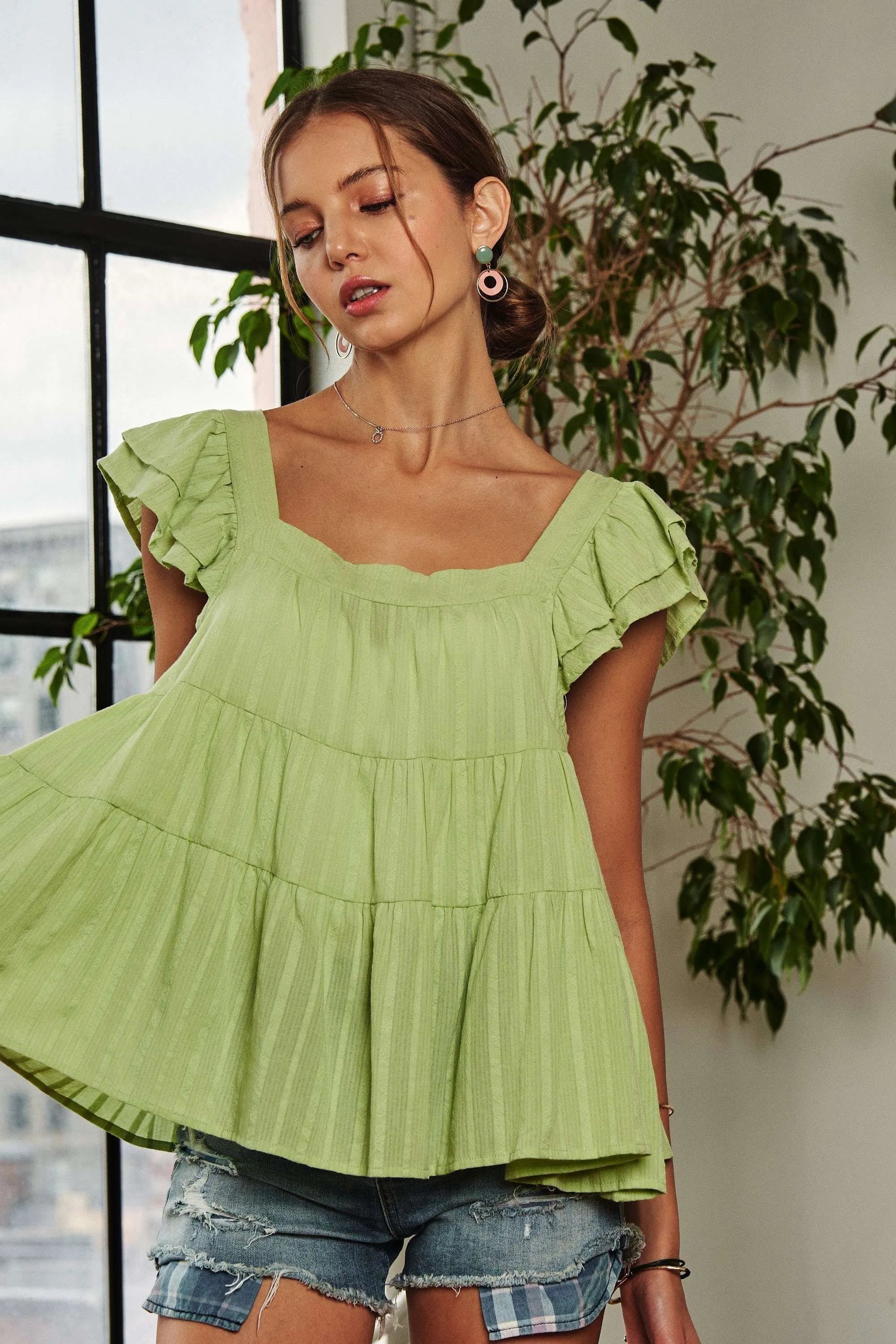 ADORA Ruffle Tunic Top Short Sleeve Babydoll Blouse