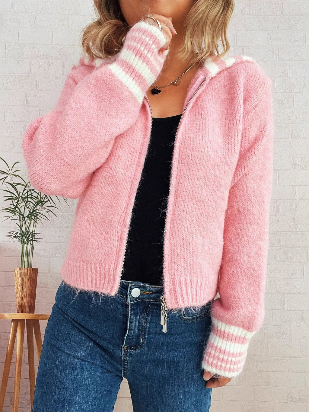Women's Cardigan Striped Zip-Up Knit Long Sleeve Collared Pink One Size 69cbb626739440b18a526d41d3961f98-Max-Origin Trendsi