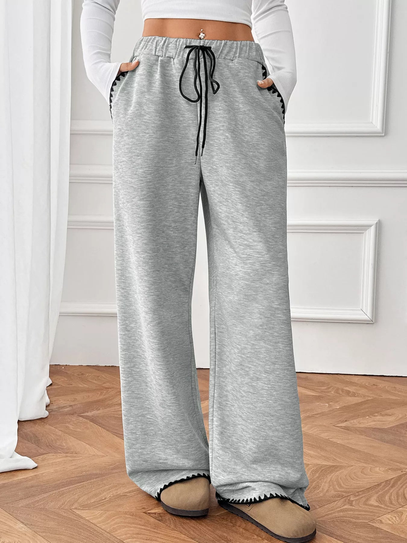 Women's Pants Cotton Gray Wide-Leg Drawstring Pocketed with Trim Joggers 69d65e07f07f463bbb0df60795ffe2a2-Max-Origin Trendsi