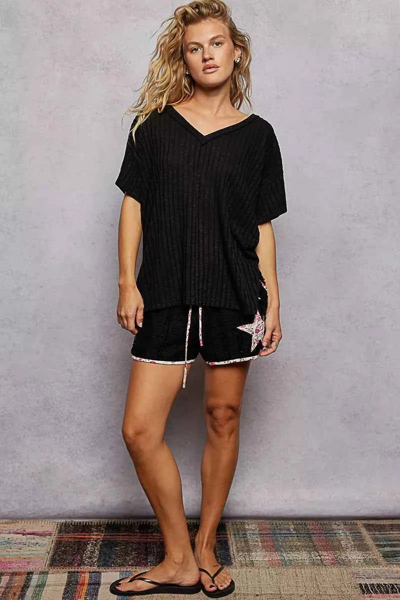 POL Ribbed Women T-Shirt Black Knit V-Neck Short Sleeve Top 69d7c5cc-f470-4062-9c5a-4e4de30bd4bb-Max-Origin Trendsi