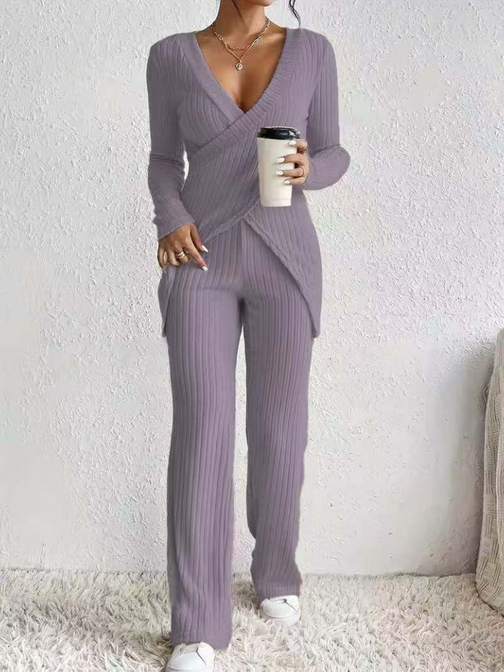 Women's Outfit Set Crisscross Surplice Top Long Sleeve and Pants Sets Lilac 69da4fb9-a24a-4e7e-9bd3-9234d4afebb6-Max Trendsi