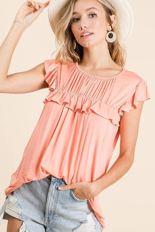 BiBi Jersey Top Ruffle Knit Gathered Coral Flaired Short Sleeve Blouse 69e5f36dbbc74e988ef765500dc509d2-Max-Origin Trendsi