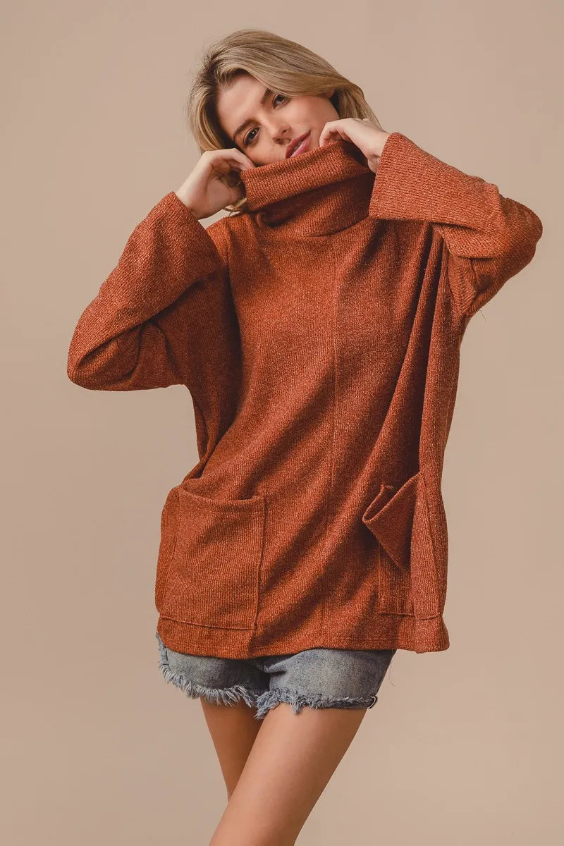 BiBi Piper Rib Sweater Turtle Neck Rust Double Front Pockets Oversized Top 69edeb23b3f04f208cfd763615ea8010-Max-Origin Trendsi